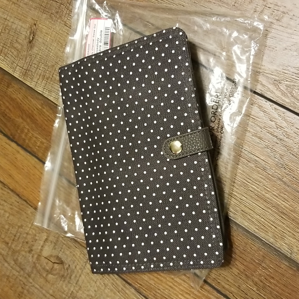 Thirty one Double Up Crossbody City Charcoal Swiss Dot clutch Tote wallet purse